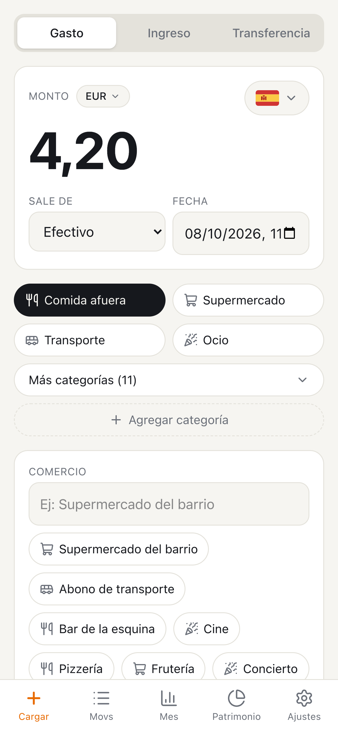 Pantalla para cargar un gasto en Tuki Money